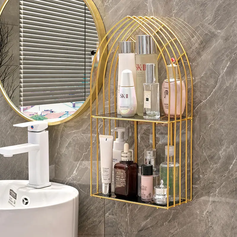 

Iron Frame+Glass Bottom Desktop Wall Storage Holder Ornaments Washtable Toiletries Storage Rack Dresser Cosmetics Storage Shelf
