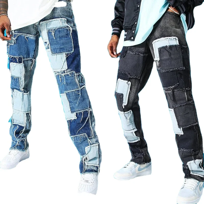 

Mgd31 European and American New Men's Straight Jeans Fashion Ins Popular Elastic Free Patch Denim Wide Leg Pants