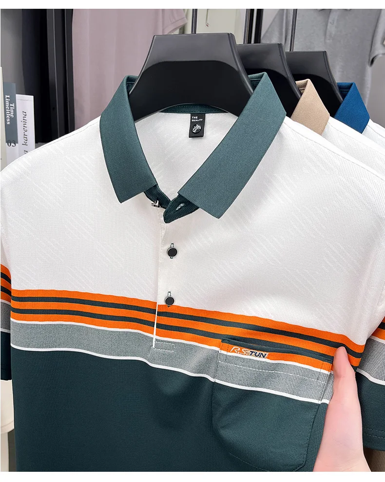 Fashion luxury short sleeve polo shirt summer new brand embroidered pocket trend striped color blocked T-shirt men's clothing 14 Sdca53717dcdd4ff4af502ced00c60206l