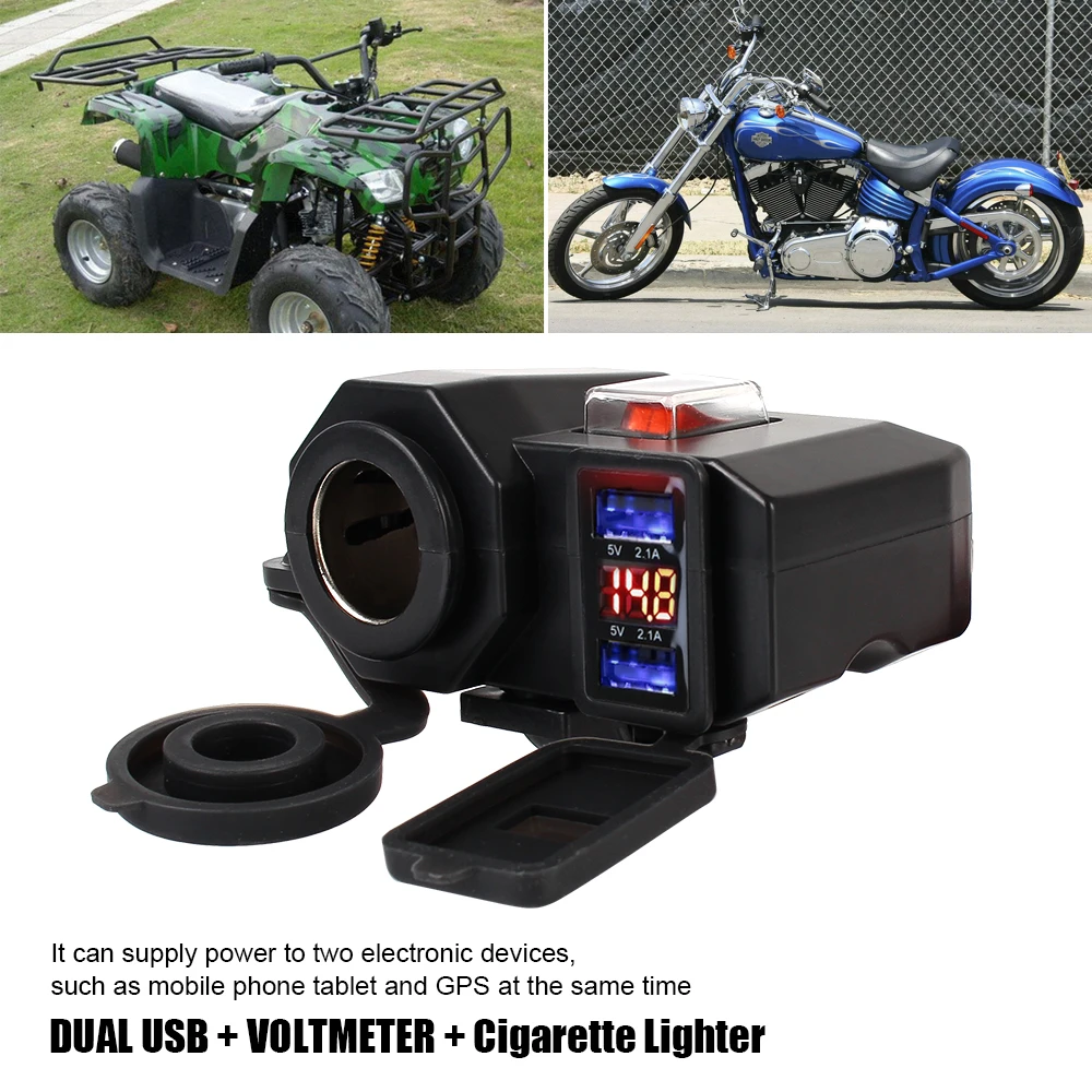 

Dual USB Port Cigarette Lighter Socket 5V 2.1A Adapter Power Supply Motorcycle Handlebar Charger for Phone Digital Display