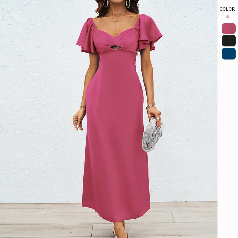 

Women Solid Color Peach Collar Temperament Short-sleeved Slim-fit Long Dress Summer