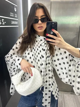 Elegant Retro Polka Dot Lace Up Shirt Women Long Lantern Sleeve Hollow-out Translucent Loose Blouse 2026 Lady Daily Commute Top 1