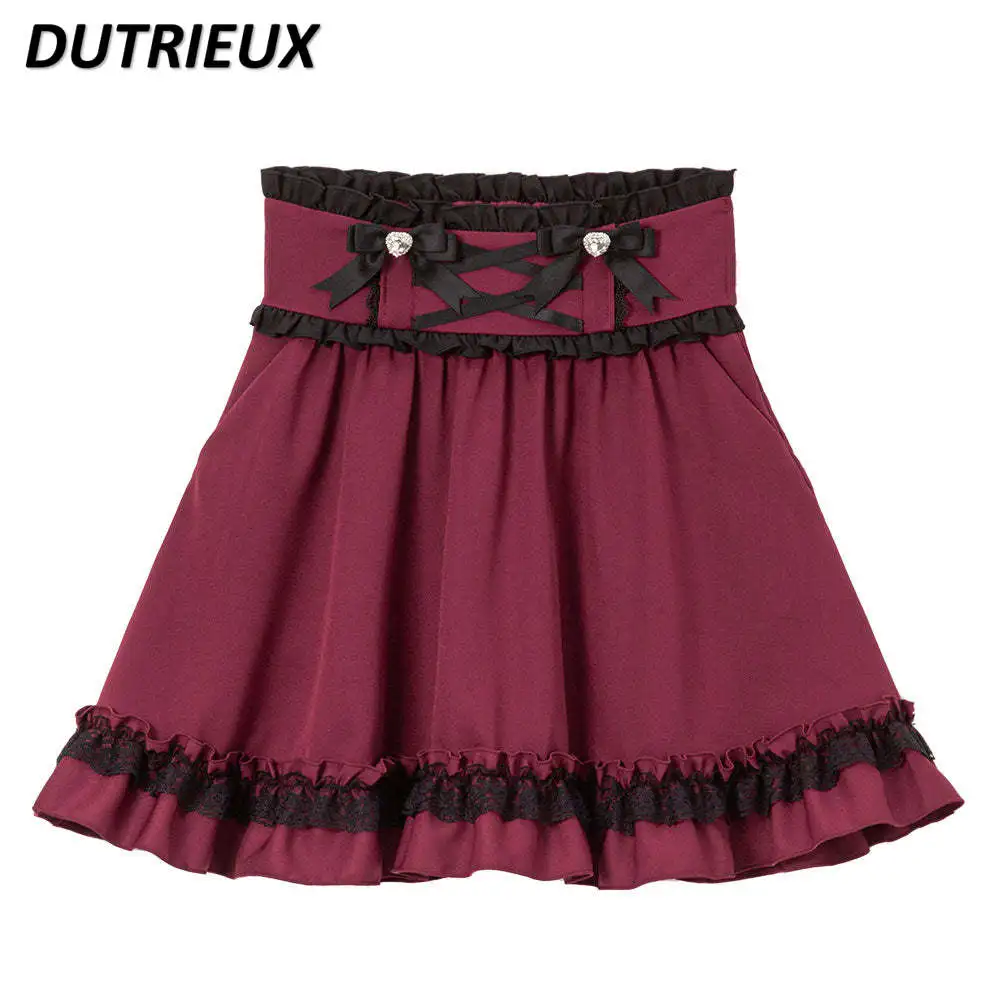 Summer New Japanese Style Sweet Girls Short Skirt Lolita Lace Edge Cute Wooden Ear Lace Bow High Waist Mini A-line Skirts