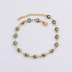 Elegant Stainless Steel Bracelet with Blue and Red Enamel Evil Eye Charm - Women's Lucky Jewelry Gift - 21cm (Green)