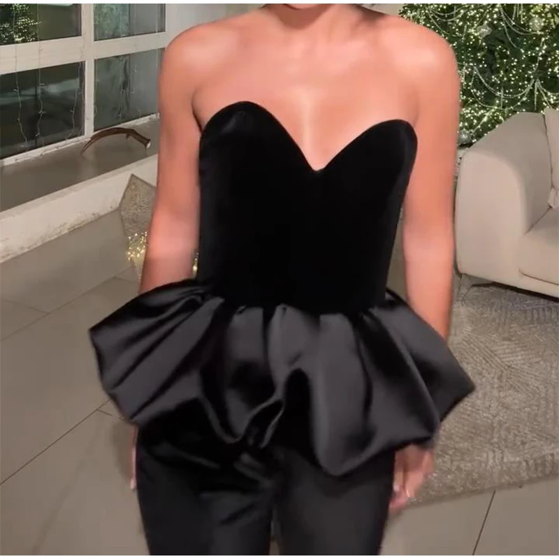 Sexy Off Shoulder Velvet Spliced Tube Top Women Black Backless Strapless Ruched A-line Tank Female 2025 Fashion Lady Party Gown