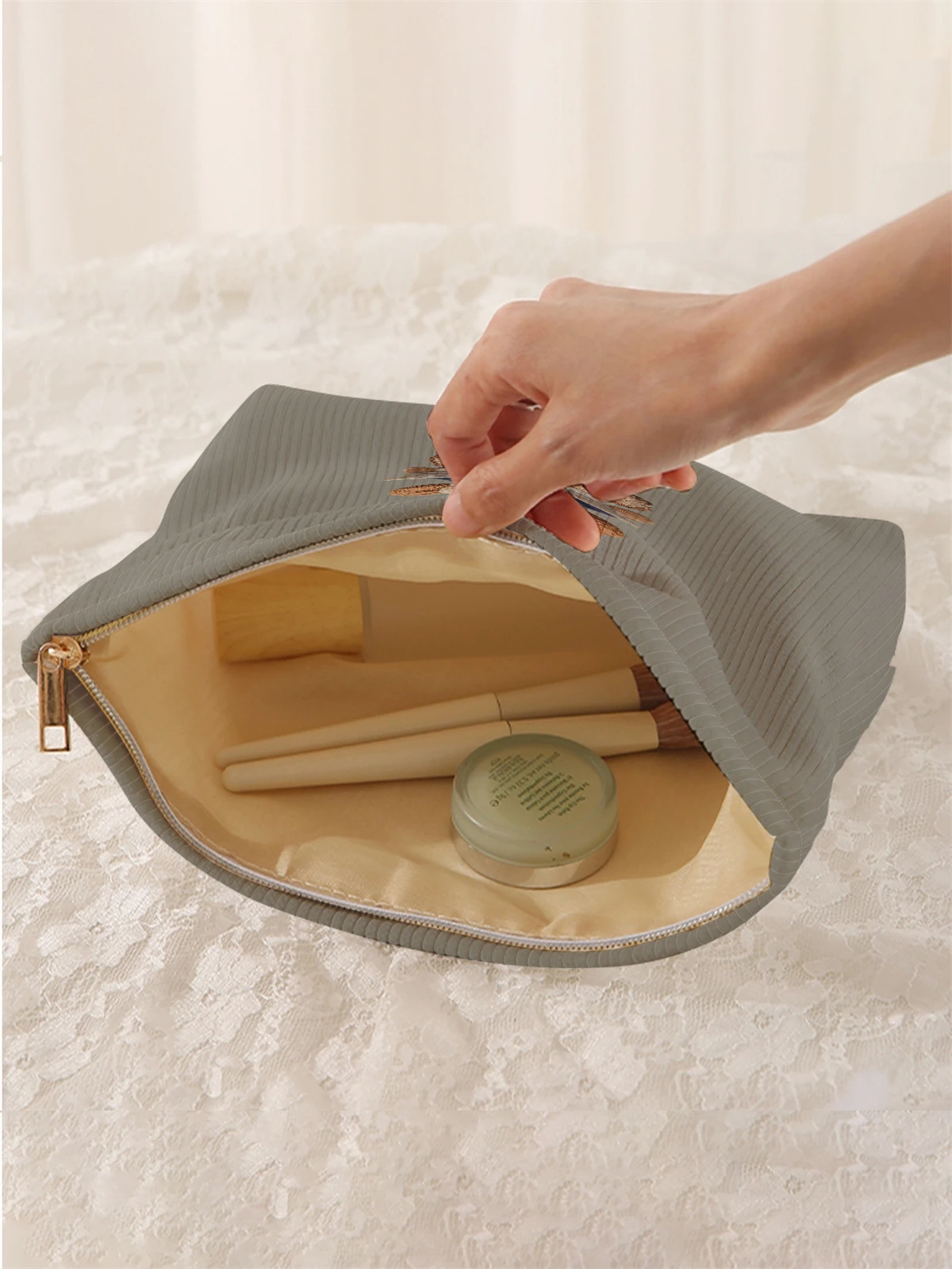 1 cartoon dog pattern printed corduroy makeup bag, lightweight zipper makeup storage box, multifunctional bag with lining