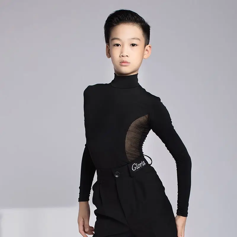 Kids Boy Latin Dance Costumes Long Sleeve Stage Performance Clothes Long Black Pants Suit Cha Cha Samba Rumba Wear Shirt