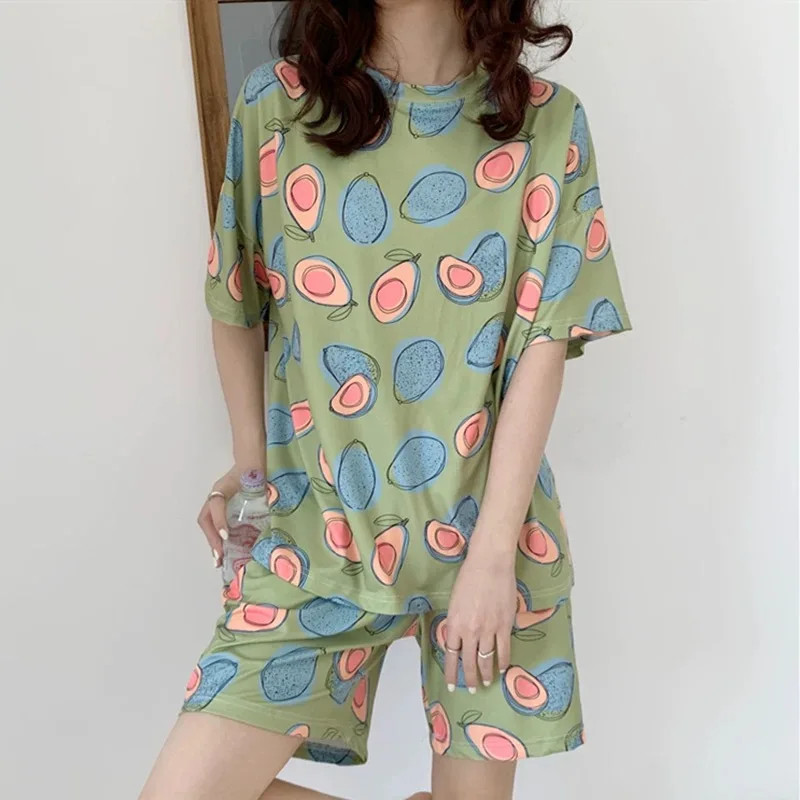 Women Pajamas Set Women Pajama Suit Women's Pajamas Set Panda Cartoon Printed Short Sleeve T Shirt + Shorts 2 Pieces Woman Soft Casual Sleepwear Homewear Pijimas