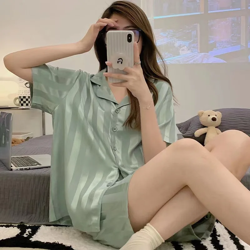 

Ice Silk Pajamas for Women 2024 Summer Thin Short Sleeved Cardigan Summer Imitation Silk Home Pijama Two Piece Set Wholesale