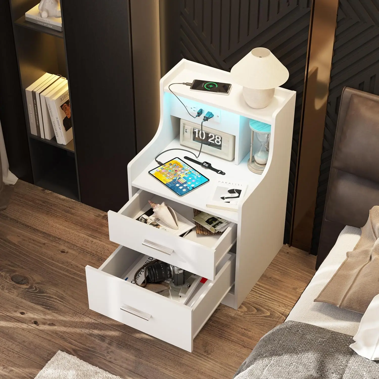Nightstand with Charging Station & LED Lights, White Nightstand with 2 Drawers and Open Storage, Bed Side Table Night St