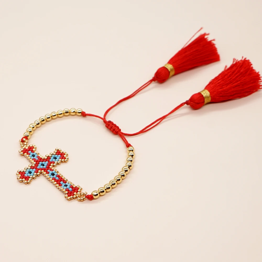 Go2boho Best Seller Miyuki Cross Bracelet Good Quality 4mm Copper Bead Red Tassel Cross Rice Bead Braided Bracelet