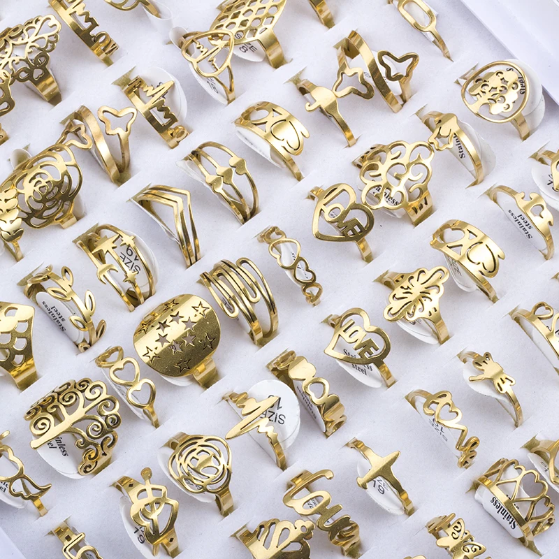 50 Pcs/Lot Fashion Hollow Out Stainless Steel Rings For Women Men Mix Style Flower Heart Crown Jewelry Party Gifts 5