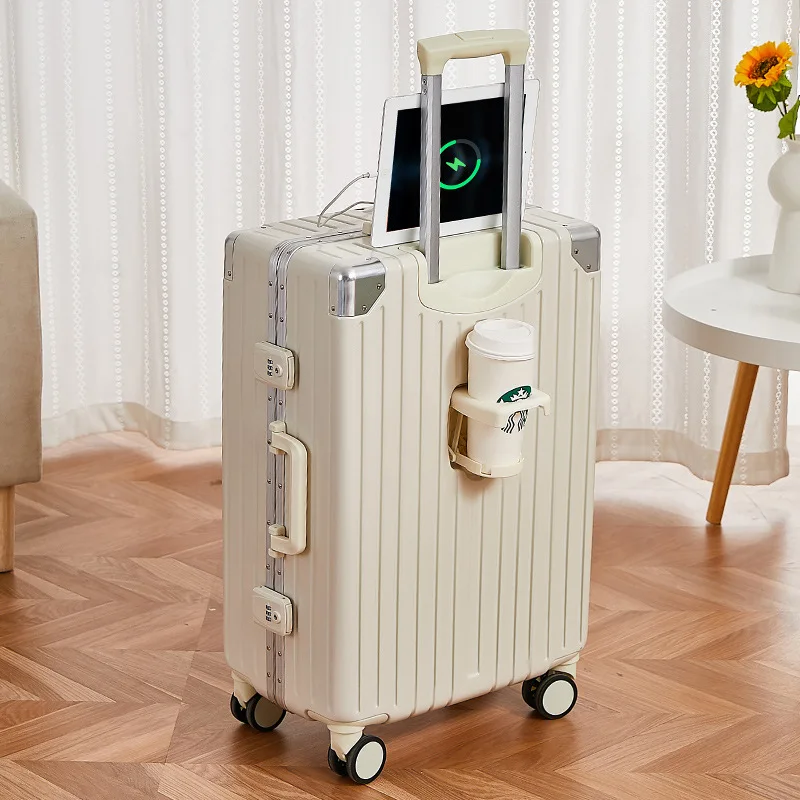 Multi-Functional Luggage Trolley Case Women's Boarding Bag Aluminum Frame Rechargeable Travel Suitcase Large Capacity Luggage