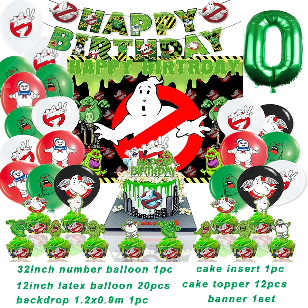 Cartoon Ghostbusters Thema Geburtstags feier liefert Jungen grünen Geist Ballon Banner Hintergrund Kuchen Topper Kinder Baby Dusche Geschenk – Detail 12