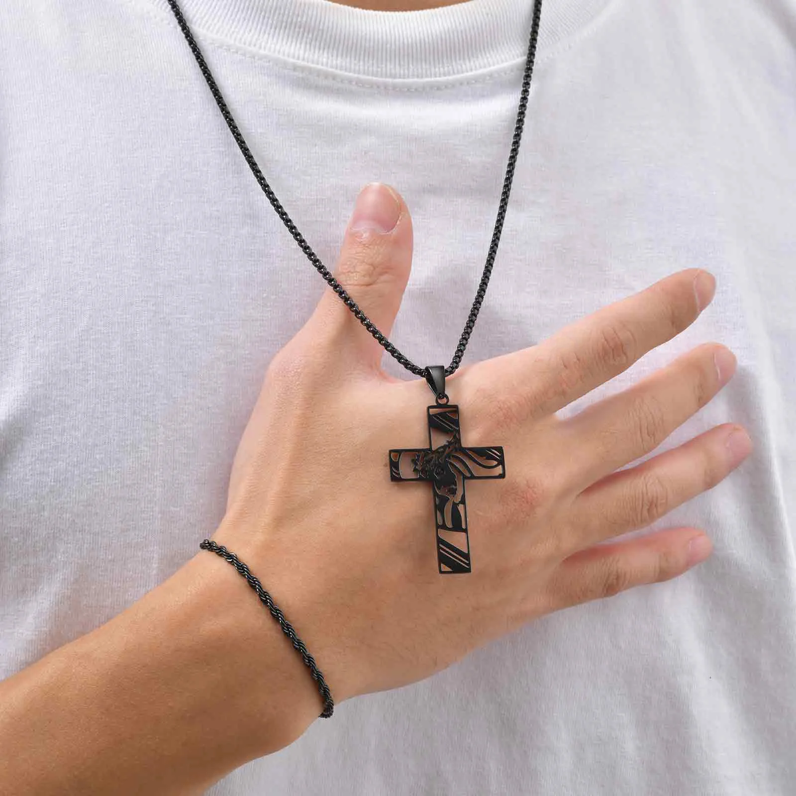 Vnox 2-teiliges Set Herren-Anhänger-Halskette und Armband, Schwarz-Gold-Silber-Farbe Edelstahl-Schmuckset, Trendige Schmuckgeschenke – Detail 25