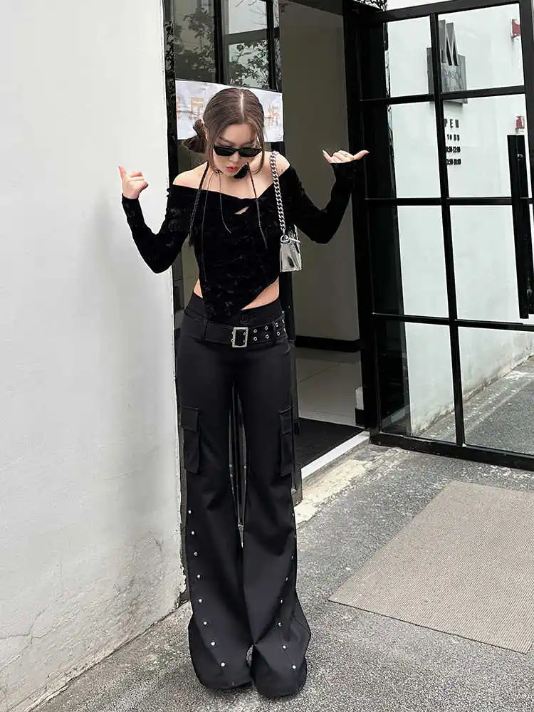 希少 B.P.N フレアパンツ ブラック y2k Women Japanese Bell-Bottom Harajuku Y2K Dark Academia Low