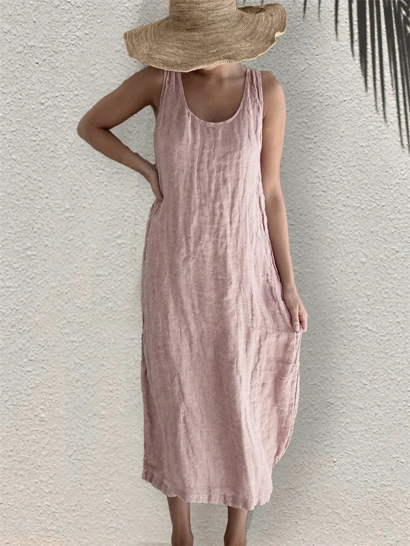 Abito Estivo In Lino Di Cotone Per Donna, Stile Retrò Letterario, Manica Corta, Vestito Ampio Tinta Unita - 4