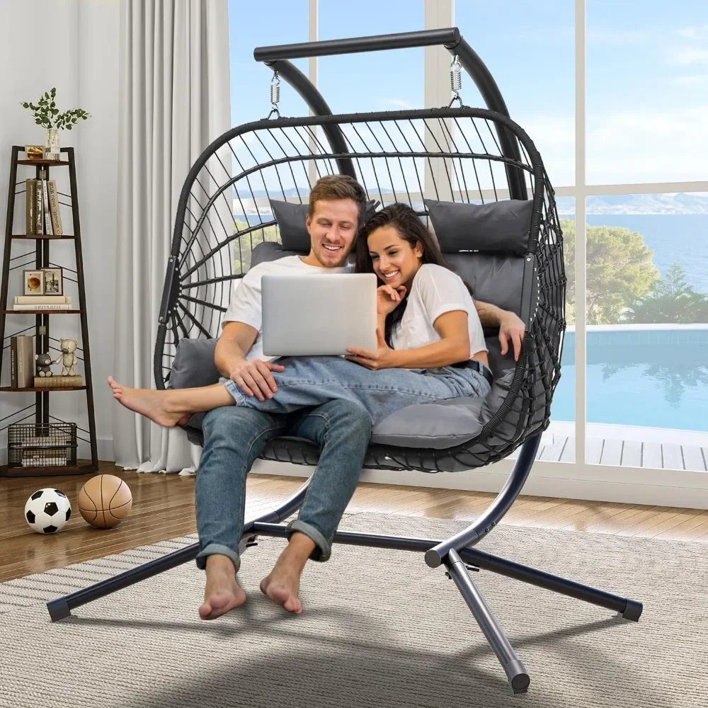 Hanging Egg Swing Chair, Patio 2 Person Couple Wicker Rattan Chairs, Outdoor Egg Chair with Cushions, Patio Swing