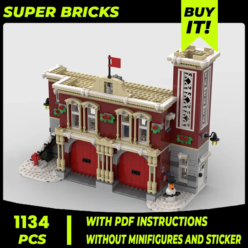 

Moc Building Block Street View Model Winter Fire Station Technical Bricks DIY Assembly Construction Toys For Child Holiday Gift