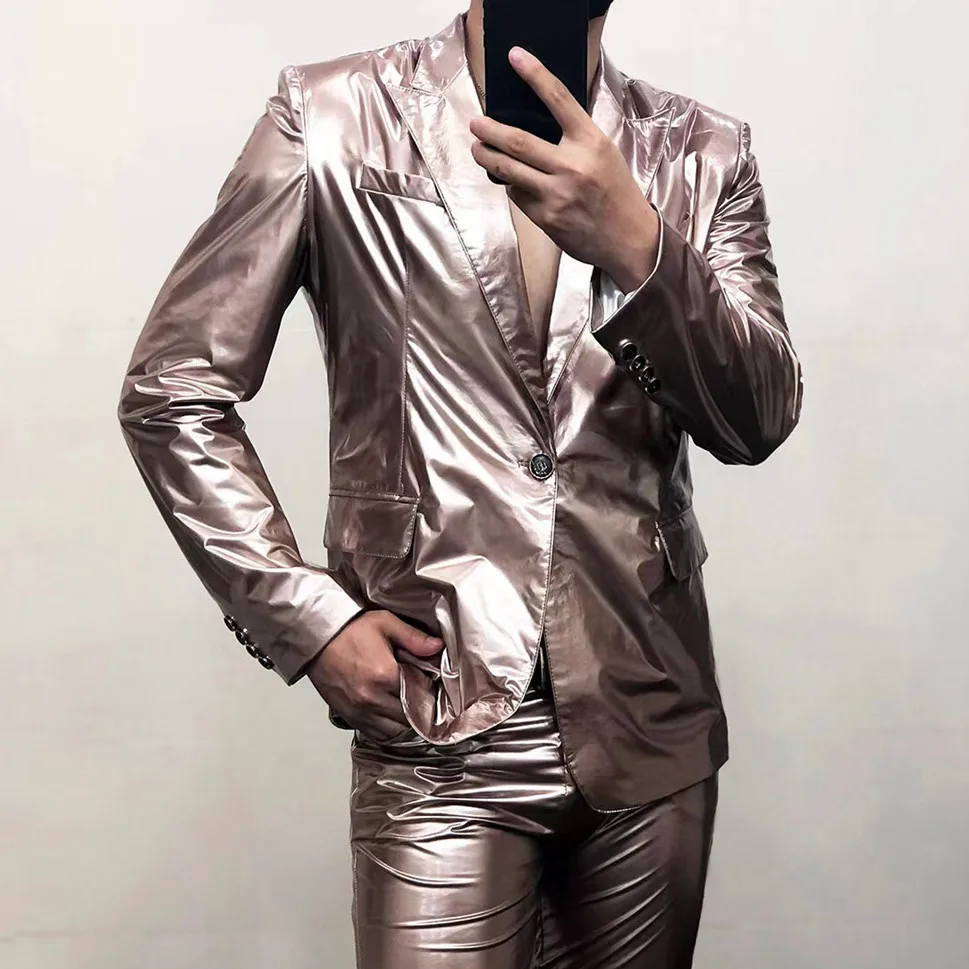 

Men Motorcycle PU Leather Jacket Coat Male Singer Bar Nightclub Stage Performance Soft Paint Leather Blazer Plus Size Outerwear
