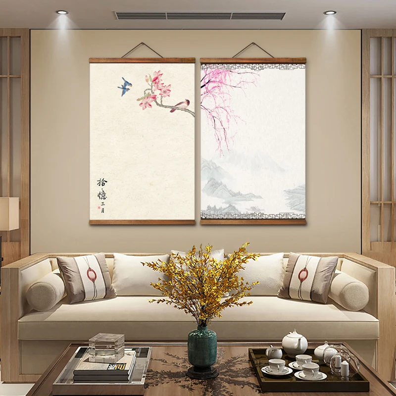 

Настенные постеры AS3020 в китайском стиле с зелеными растениями для гостиной, художественные постеры на холсте, китайские картины из твердой древесины с прокруткой