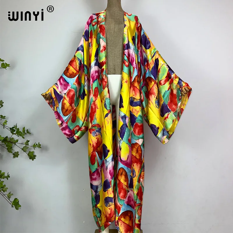 WINYI kimono summer boho Oil painting print beachwear Elegant Cardigan sexy Holiday loose swimsuit evening dress abaya cover-ups