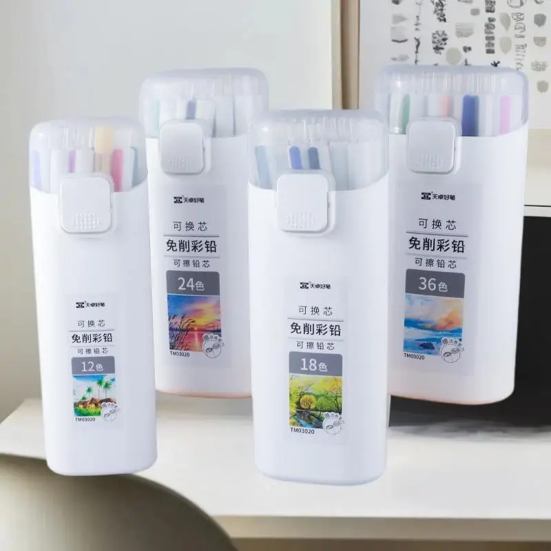 날카롭게 하지 않아도 되는, 교체 가능한 심, 컬러 프레스 자동 연필, 지울 수 있는 유성 색심, 어린이 그림용, 학생용 미술 펜