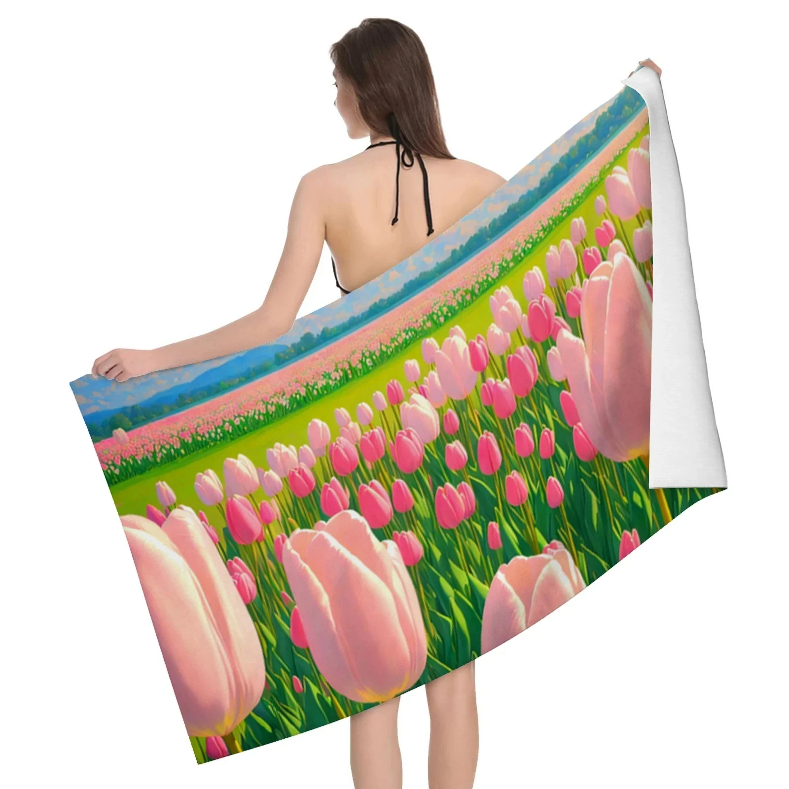 

Pink Tulip Flower Beach Towel Sand Free Soft Quick-Dry Bath Towel Microfiber Face Towels for Swimming Pool Gym Travel Sport Spa