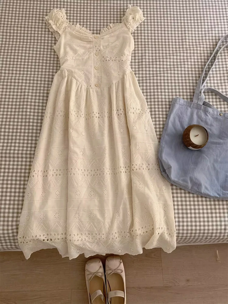 

French Elegant A-Line Frocks Women Sexy Backless Casual White Mid-Calf Sundresses 2023 Summer Spaghetti Strap One-Piece Clothing