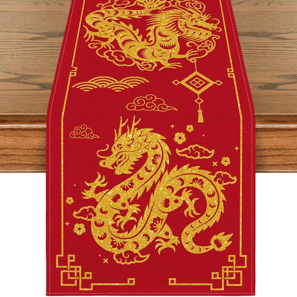 Chinese Dragon 2024 Happy New Year Table Runner Placemat Spring Festival Winter Kitchen Dining Table Decor For Home Party