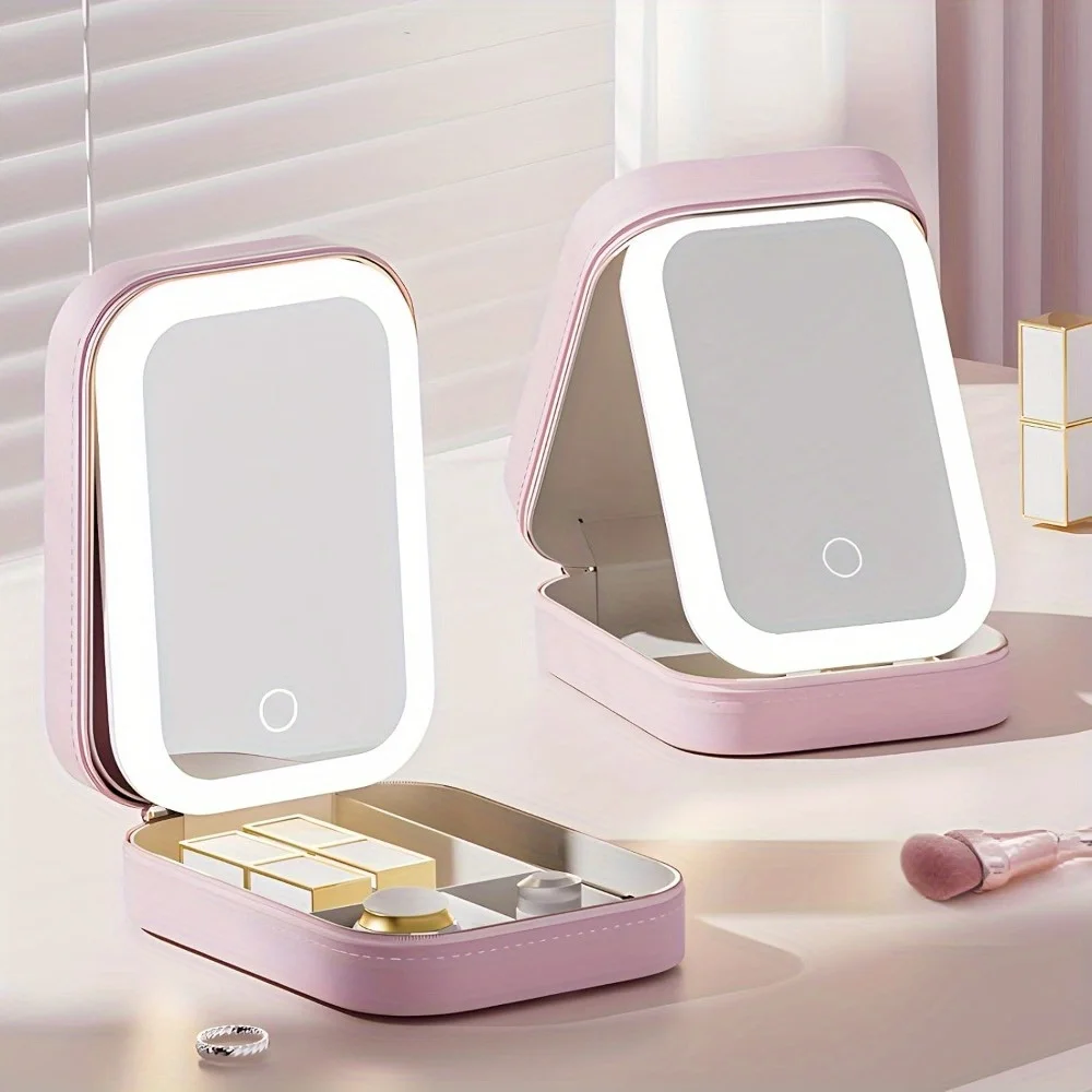 Travel Makeup Bag With Led Mirror,Small Makeup Organizer With Light,Pink Beautifect Box Portable Bag Make Up Case, (Pink)