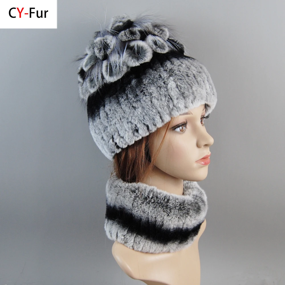 Ensemble Chapeau et Écharpe en Vraie Fourrure de Lapin Rex pour Femme, Bonnet en Fourrure Naturelle, Skullies artificiel astique, Hiver