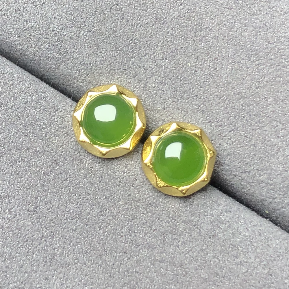 Natural green chalcedony silver earring, round 6mm*6mm, light apple green color, vivid color and brief design, fashion style