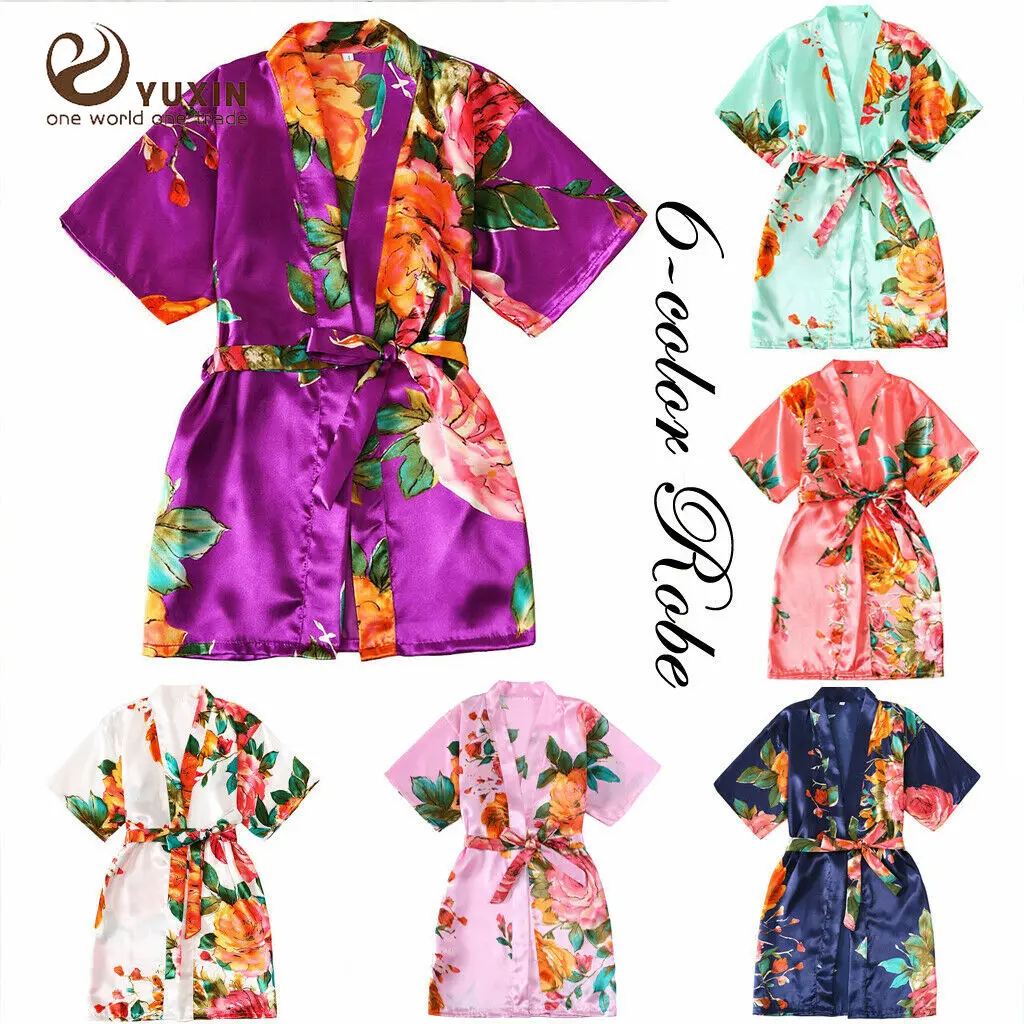 

Girl Child Floral Silk Kids Kimono Flower Bridesmaid Bride Robe Children Satin Robes Wedding Nightgown Dress Children Bathrobe
