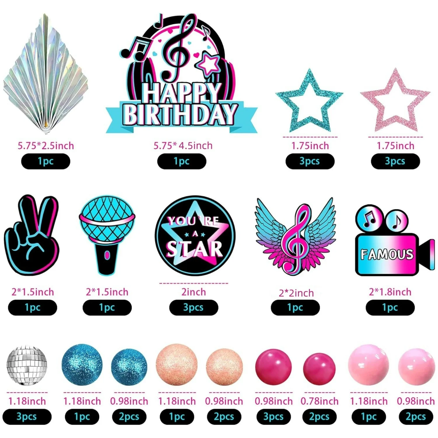 20 PCS Music Theme Cake Topper Set - Clay Headphones, Paper & Glitter Ball Decorations For Birthday Parties