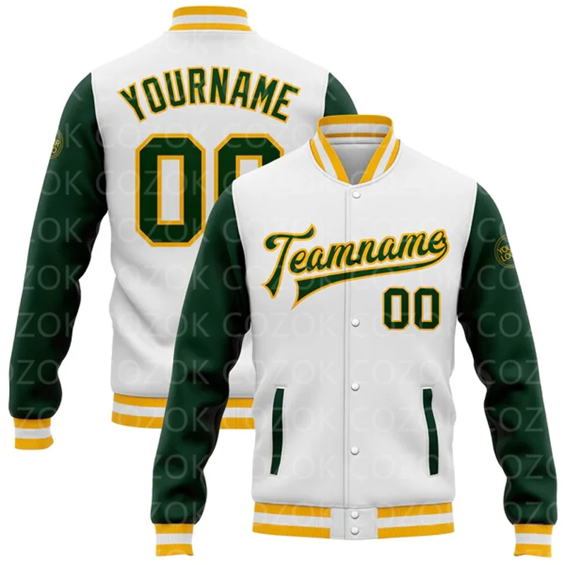 Custom White Pink 3D Printed Raglan Sleeve Baseball Button Jacket Bomber Full-Snap Varsity Letterman Jacket