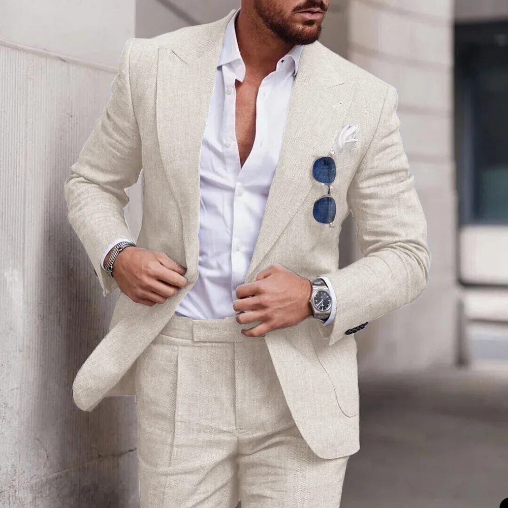 Abiti di lino di alta qualità per uomo 2 pezzi Chic Peak risvolto doppio un bottone abito maschile Slim Fit Fashion Casual smoking da sposa 2023