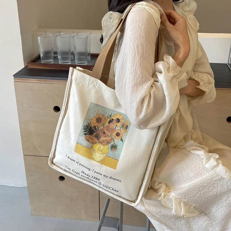 Cotton Canvas Fabric Shoulder Bags For Women Famous Paintings Decor Retro Large Capacity Shopper Totes 2024 Spring New Handbags