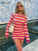Stripe Knit WoBodycon Backless Long Sleeve Green Casual Summer Holiday Sexy Dresses Party Mini