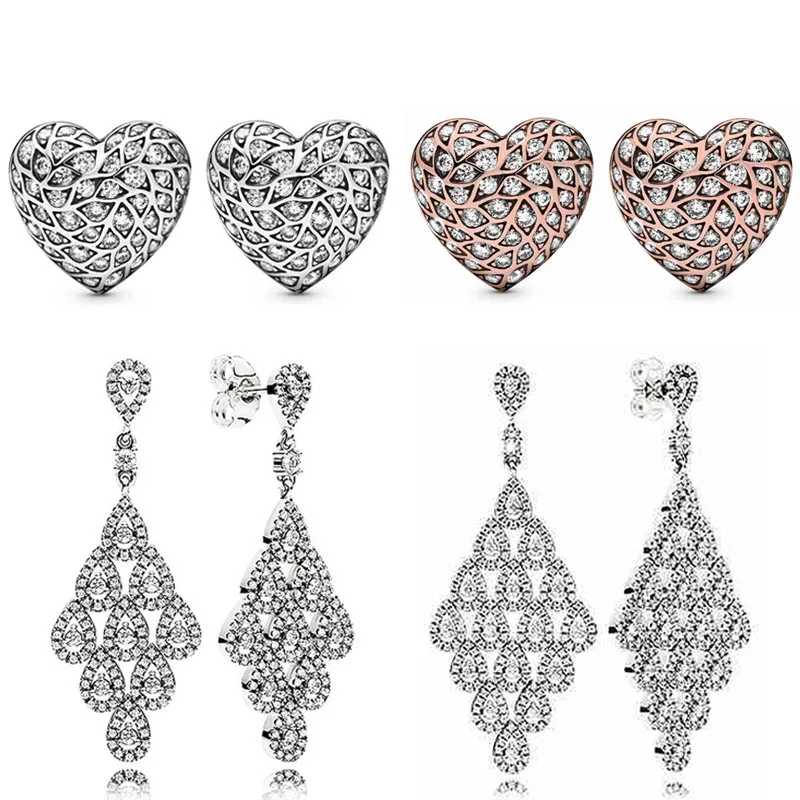 

925 Sterling Silver Sparkling Pattern Heart Cascading Glamour Earring With Crystal For Women Gift Fashion Jewelry