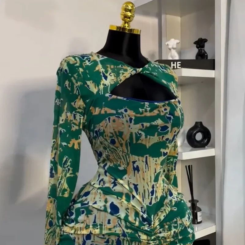 Wmstar Dresses Women  Wholesale  New Sweet and Floral Printed Hollowed Out Neckl Long Sleeved High Waisted Elegant Party Dress