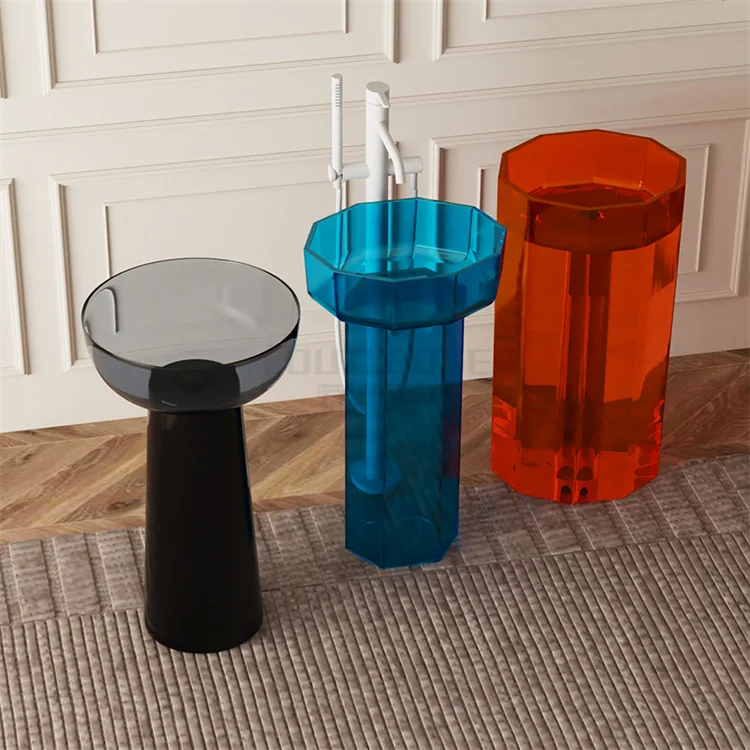 

Foshan factory modern minimalist hotel column-type integrated seamless bathroom transparent resin single basin washstand