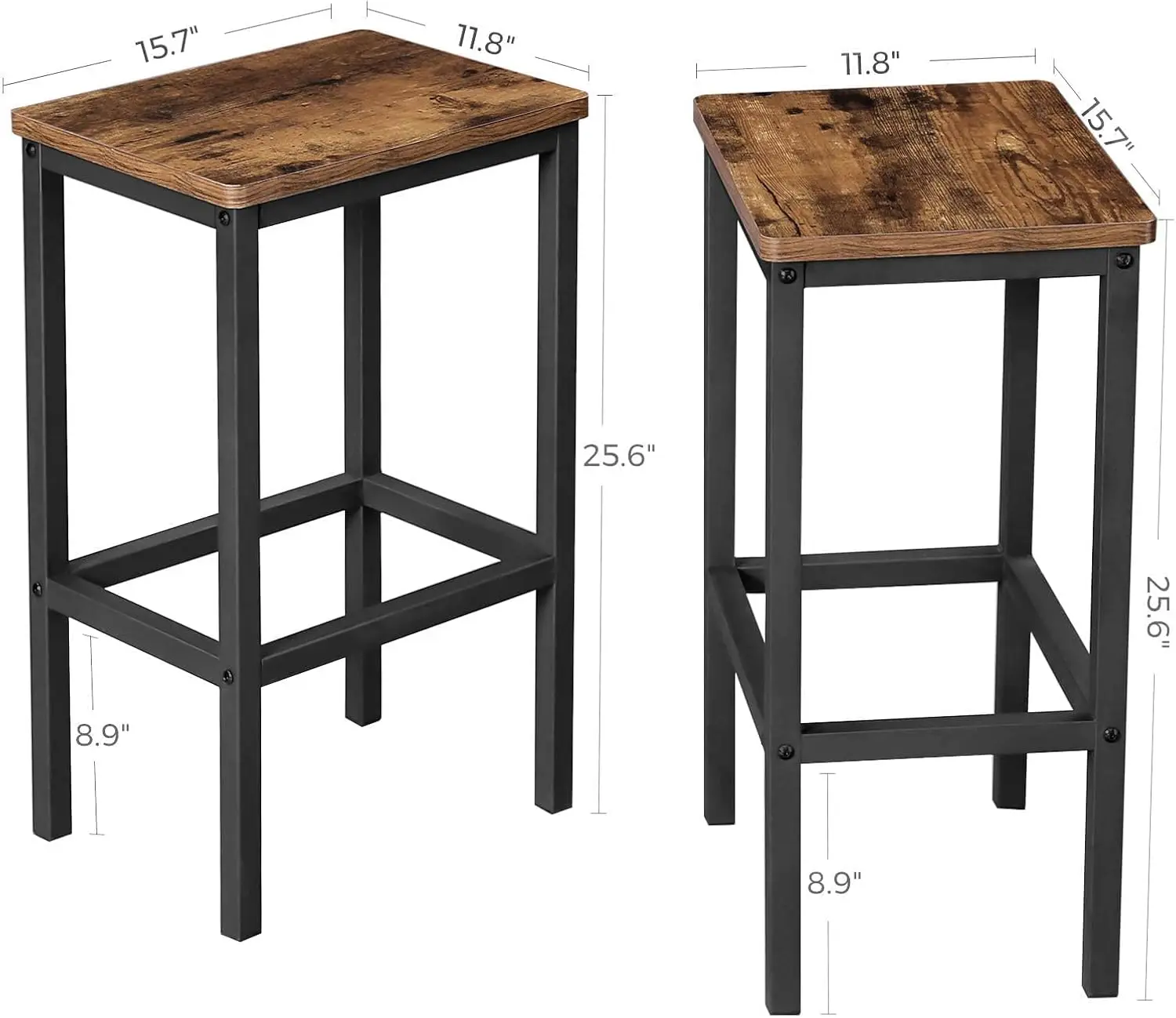 Bar Stools Set of 2. Kitchen Breakfast Bar. Footrest. Industrial Style. Rustic Brown & Black. ULBC65X.