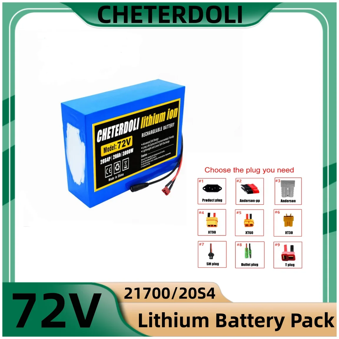 

CT 72V 20Ah 21700 Lithium Battery Pack 20S4P 84V Electric Bicycle Scooter Motorcycle BMS 3000W High Power Battery + 3A Charger