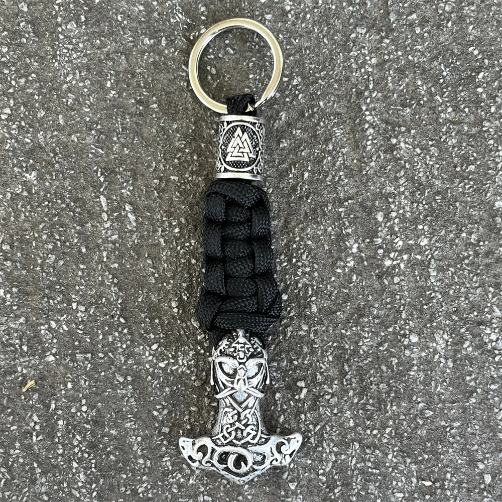 Nostalgia 1Pcs Odin Thor Hammer Mjolnir Jewelry Mens Keychains Viking Beads Amulet Handmade Knife Key Lanyard Keyholder