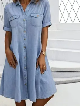 Women's Elegant Denim Dress 2026 Summer Short Sleeve V Neck Retro Harajuku Single Breasted Loose Suspender Pocket Short Dress 1