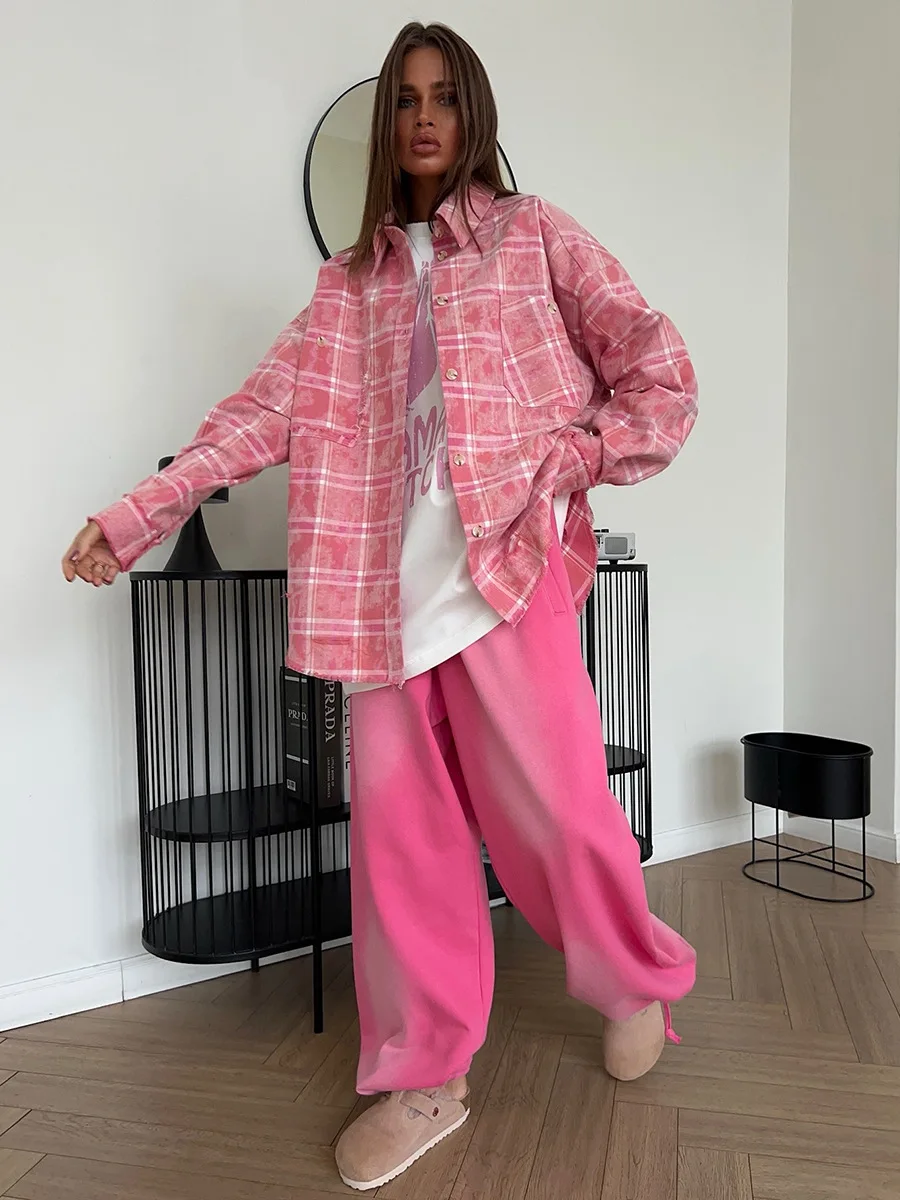 Bornladies 2025 Spring Summer New Fashion Pink Plaid Pocket Shirt Women's Retro Checkered Loose Casual Long Sleeves Coat Shirt