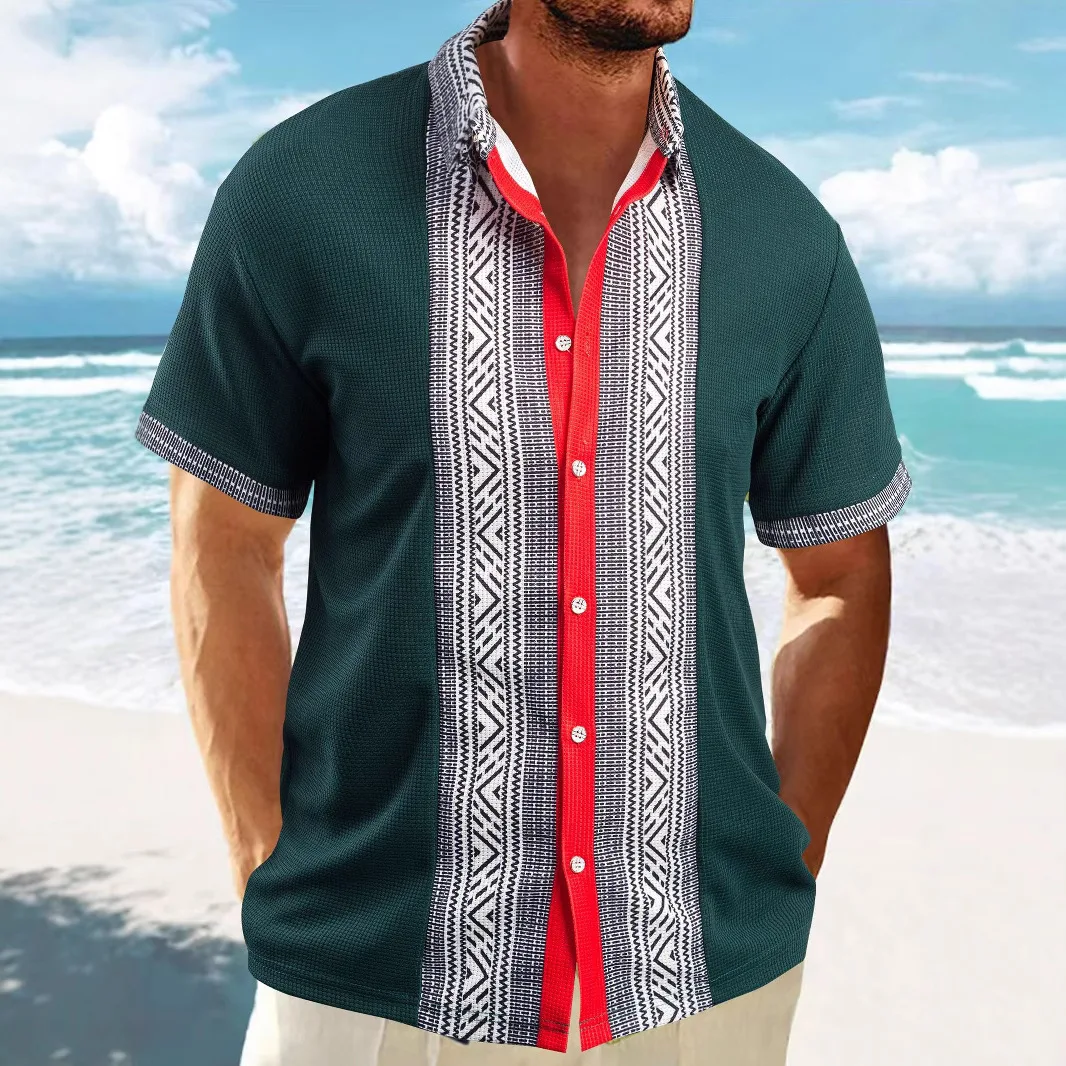 2025 Men's Waffle light ripe casual lapel cardigan patchwork buttons fashion urban summer beach short-sleeved shirt top 4