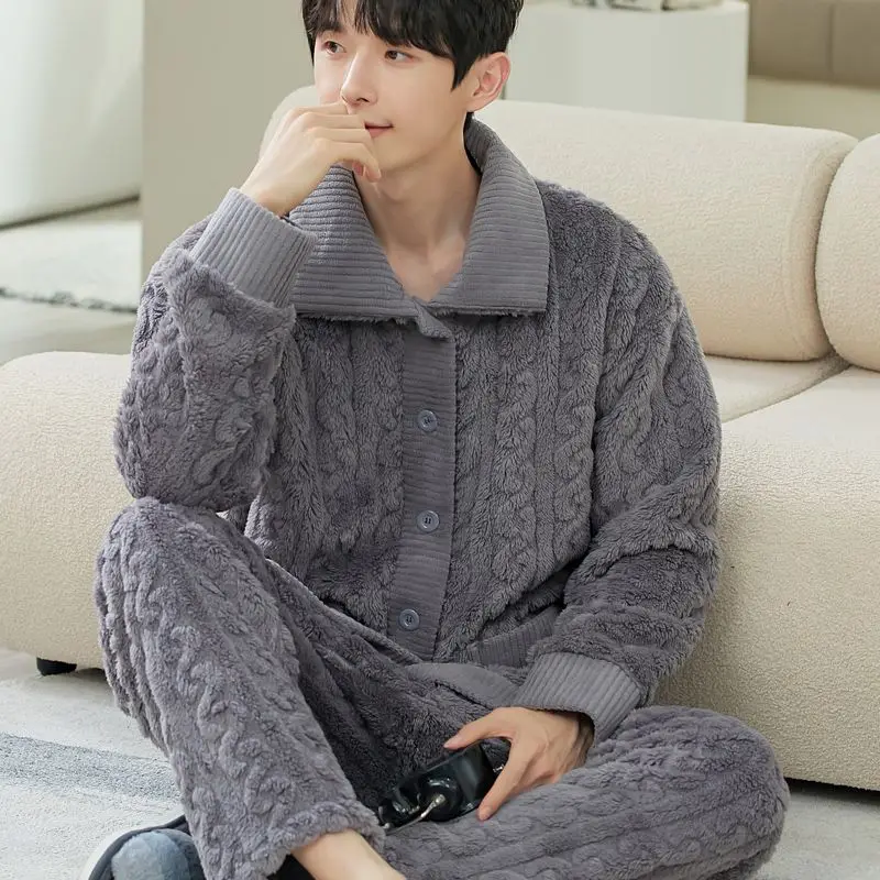 2024 New Men's Coral Fleece Pajama Loungewear Autumn Winter Nightwear Thickened Fleece Sleepwear Youth Flannel Warm Homewear Set