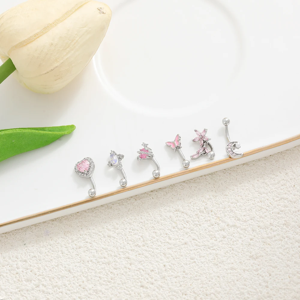New 6pcs/set Silver Color Pink Love Heart Crystal Punching Navel Piercing Mini Butterfly Cherry Blossom Flower Moon Body Jewelry